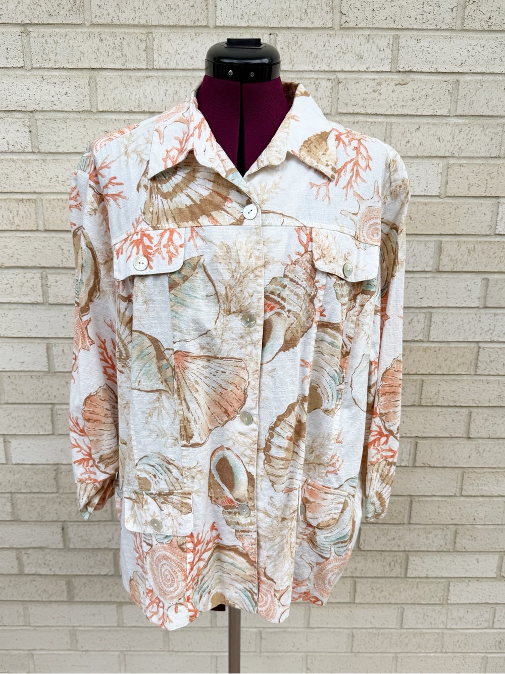 Alfred Dunner Shell Coral Print Button Down Jacket Cream Orange Tan Size 22W